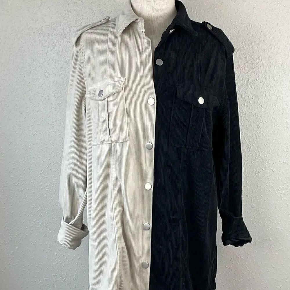 NWTO Jeans Womens Corduroy Half Cream and Half Black Long Sleeve Button Down L